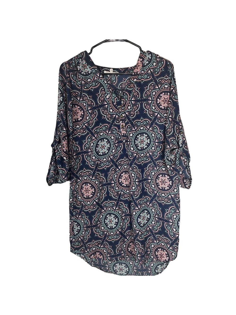 Wishful Park Womens Blouse‎ Roll Tab Sleeve Tunic V-Neck Navy Blue Peach Sz L